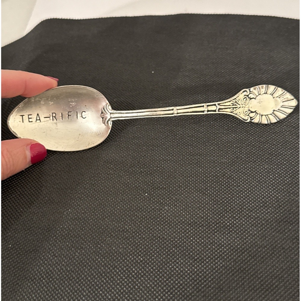 TEA-RIFIC Hand Stamped Hammered Vintage Spoon-Silverplate?-Uppercase Letters